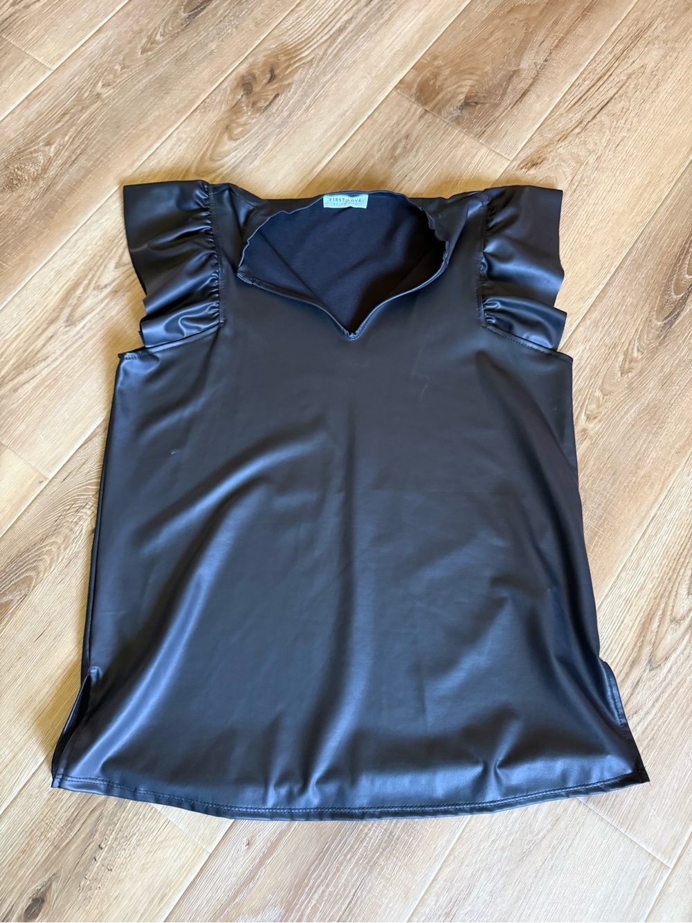First Love Black Faux Leather Flutter Sleeve Top